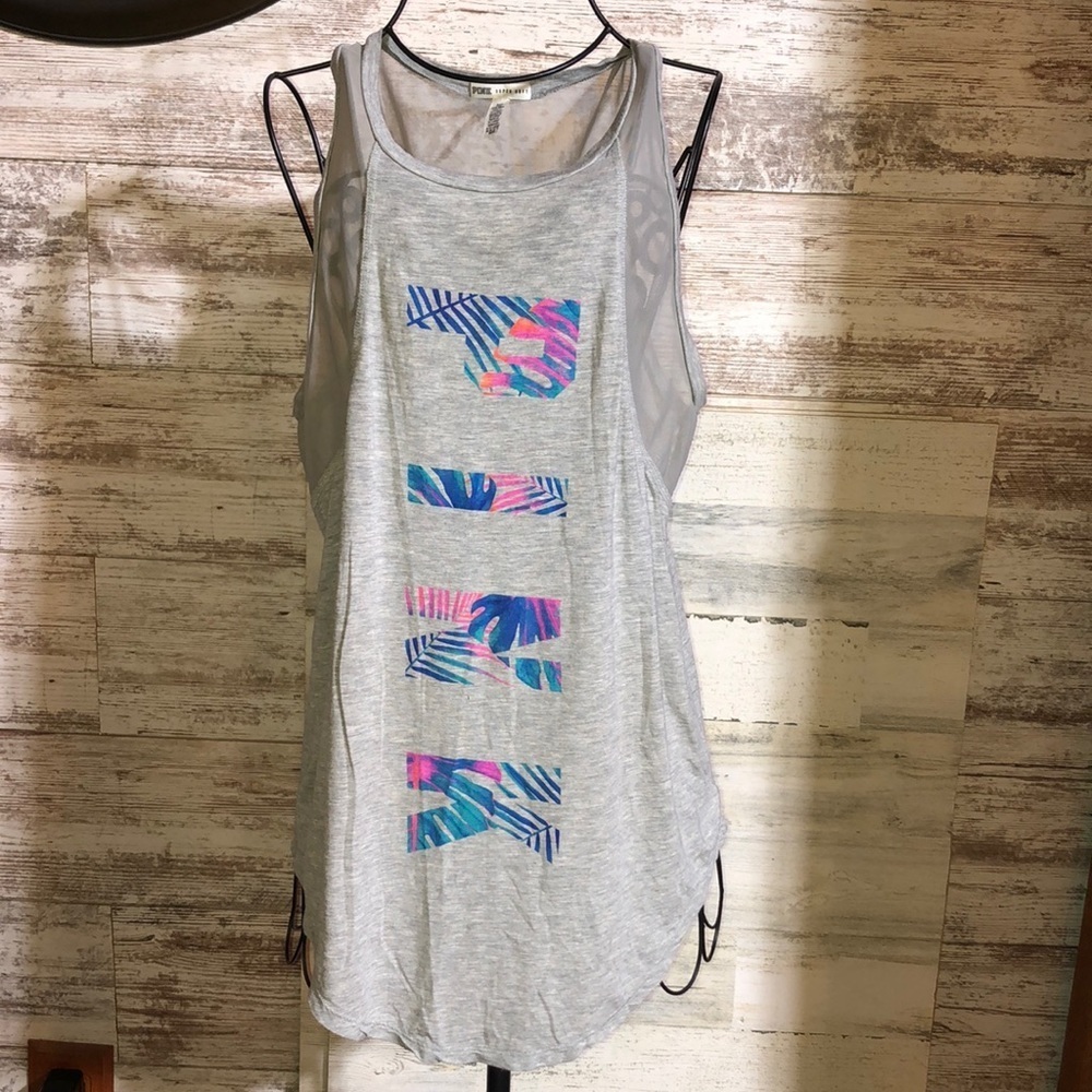 Victoria's Secret PINK Palm Mesh Super Soft Tank Top Gray Small tropical top​​​